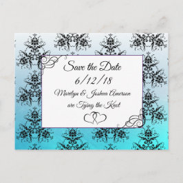 Aqua Blue Damask Bröllop Save the Date Postkort Vykort