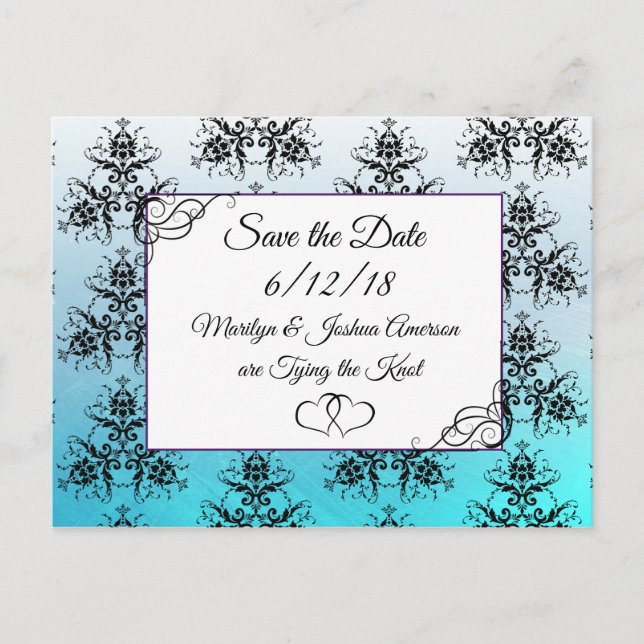 Aqua Blue Damask Bröllop Save the Date Postkort Vykort (Framsida)