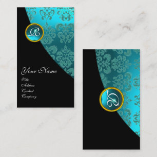 AQUA BLUE DAMASK GEMSTONE MONOGRAM Black Teal Visitkort