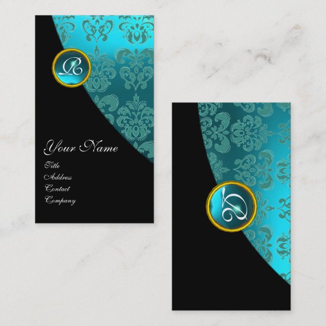 AQUA BLUE DAMASK GEMSTONE MONOGRAM Black Teal Visitkort (Fram/baksida)