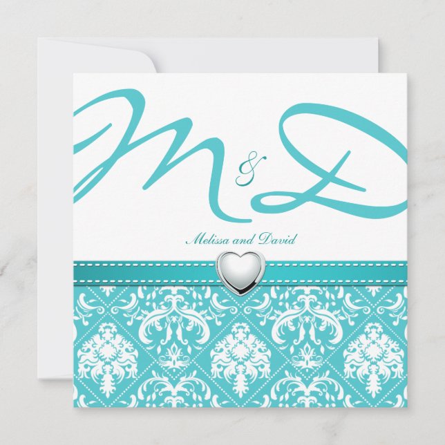 Aqua Blue Damask med Personlig Monogram Inbjudningar (Framsida)