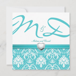 Aqua Blue Damask med Personlig Monogram Inbjudningar