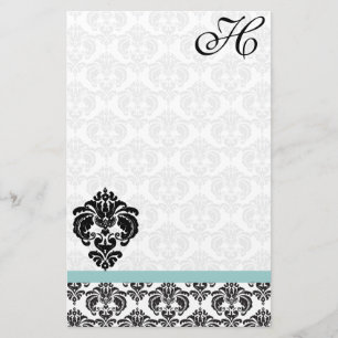 Aqua Blue Damask Monogram Återvunnet Pappert Brevpapper