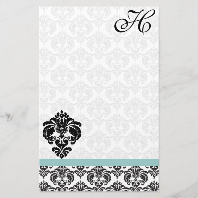 Aqua Blue Damask Monogram Återvunnet Pappert Brevpapper (Framsida)