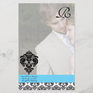 Aqua Blue Damask Monogram Bröllop Brevpapper