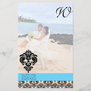 Aqua Blue Damask Monogram Bröllop Brevpapper