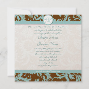 Aqua Blue Damask på Brown Christion Bröllop Inbjudningar
