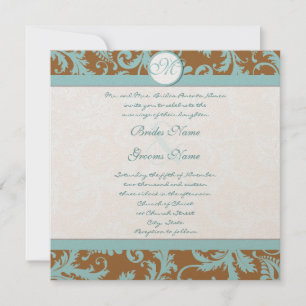 Aqua Blue Damask på Brun bröllopsinbjudan Inbjudningar