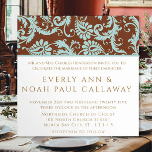 Aqua Blue Damask på Brun bröllopsinbjudan Inbjudningar