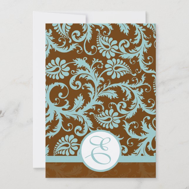 Aqua Blue Damask på Brun bröllopsinbjudan Inbjudningar (Framsida)