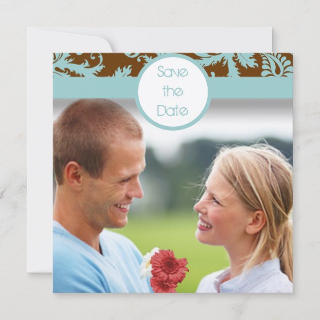 Aqua Blue Damask på brunt bröllopsinbjudan Spara Datumet (Framsida)