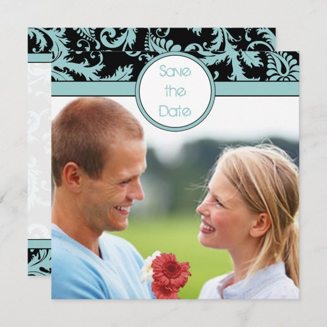 Aqua Blue Damask på Svart Bröllopsinbjudan Inbjudningar (Fram/baksida)