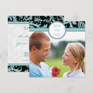 Aqua Blue Damask på Svart Bröllopsinbjudan Inbjudningar