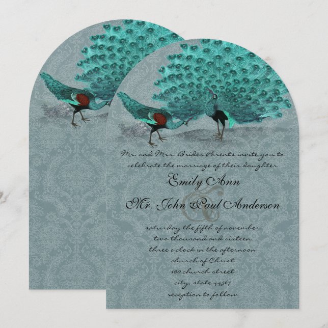 Aqua Blue Damask Peacock Metallic Elegance Inbjudningar (Fram/baksida)