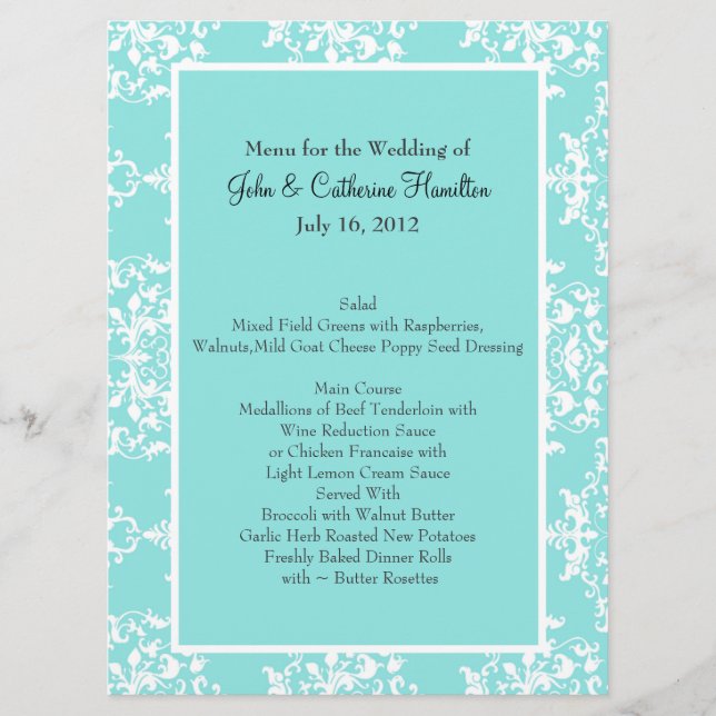 Aqua Blue Damask Wedding Bord Menu Meny (Framsida)