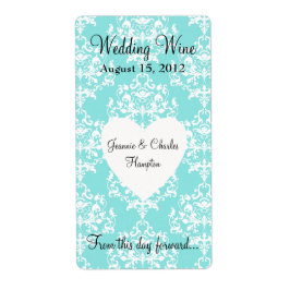 Aqua Blue Damask Wedding Mini Vin-etikett Fraktsedel