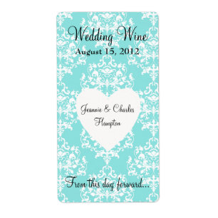 Aqua Blue Damask Wedding Mini Vin-etikett Fraktsedel