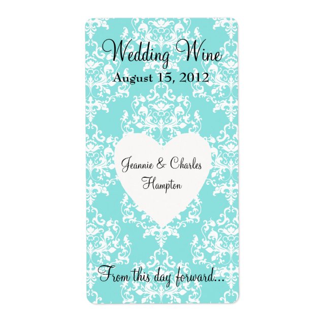 Aqua Blue Damask Wedding Mini Vin-etikett Fraktsedel (Framsidan)