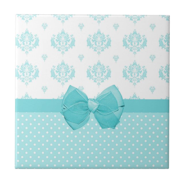 Aqua Blue Damask with Turquise Ribbon Kakelplatta (Framsidan)