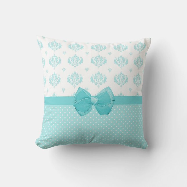 Aqua Blue Damask with Turquise Ribbon Kudde (Framsida)