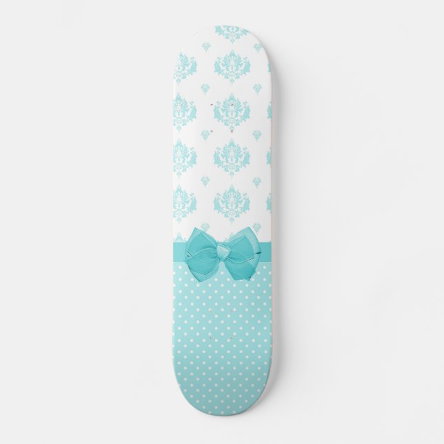 Aqua Blue Damask with Turquise Ribbon Old School Skateboard Bräda 21,6 Cm (Framsida)
