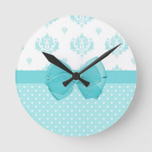 Aqua Blue Damask with Turquise Ribbon Rund Klocka