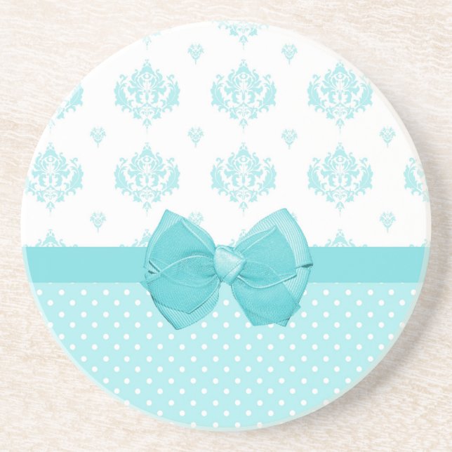 Aqua Blue Damask with Turquise Ribbon Underlägg Sandsten (Framsidan)