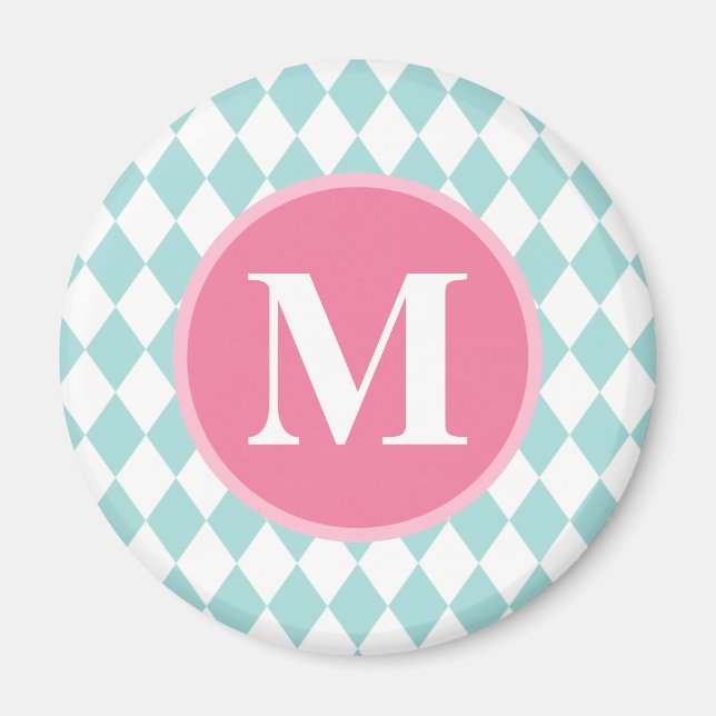Aqua Blue Diamonds Mönster Rosa Monogram Magnet (Framsidan)