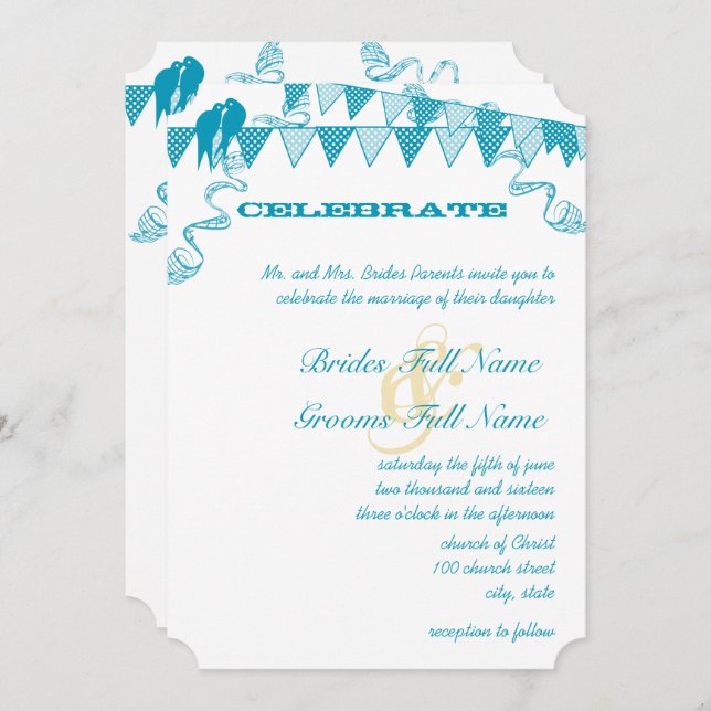 Aqua Blue Dots Bunting Pennant Bröllopsinbjudninga Inbjudningar (Fram/baksida)