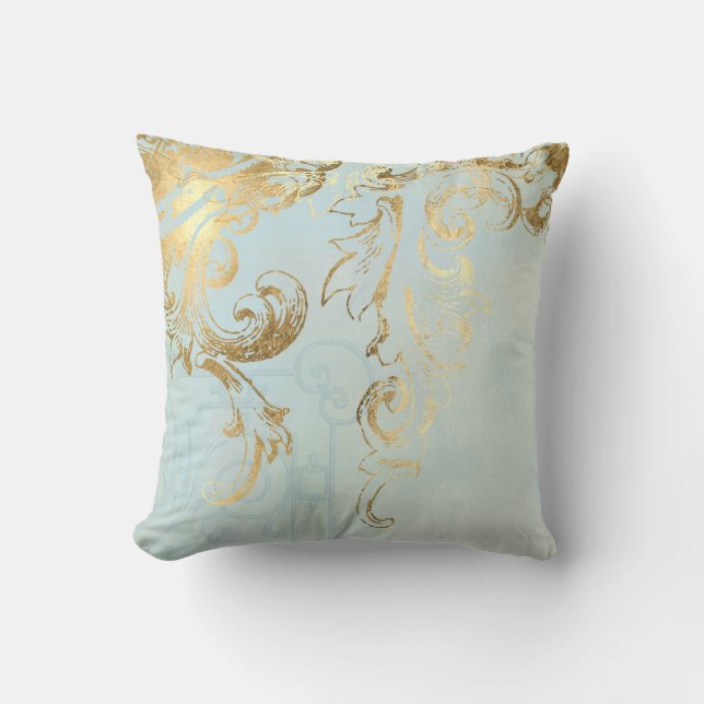 Aqua Blue Elegant Peacock Feathers Guld Rulla Art Kudde (Framsida)