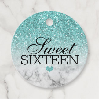 Aqua Blue Faux Glitter/Marble Sweet 16 Gåvor Etiketter