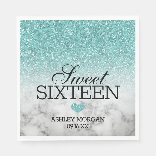 Aqua Blue Faux Glitter/Marble Sweet 16 Pappersservett (Framsidan)