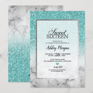 Aqua Blue Faux Glitter och Marble Sweet 16 Party Inbjudningar