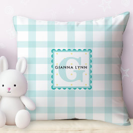 Aqua Blue Gingham Anpassade Monogram Kudde