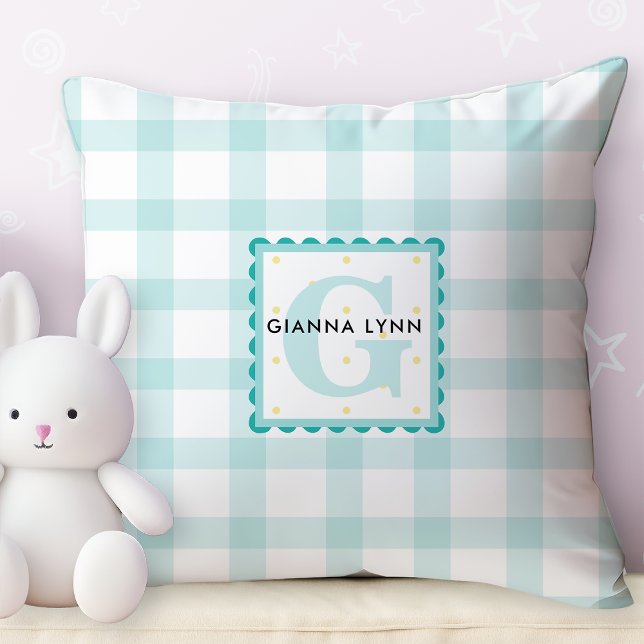 Aqua Blue Gingham Anpassade Monogram Kudde (Skapare uppladdad)