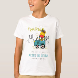 Aqua Blue Giraffe in Farm Tractor Boys Birthday T Shirt
