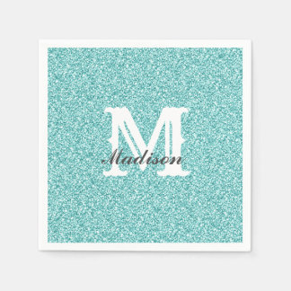 Aqua Blue Glitter & Gnistra Monogram Napkin Pappersservett