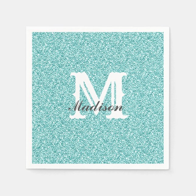 Aqua Blue Glitter & Gnistra Monogram Napkin Pappersservett (Framsidan)