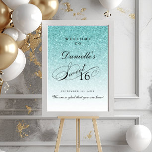 Aqua Blue Glitter Sweet 16 Personliger Välkommen Poster