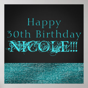 Aqua Blue Gnistra Modern Glam Sequins Party Banner Poster