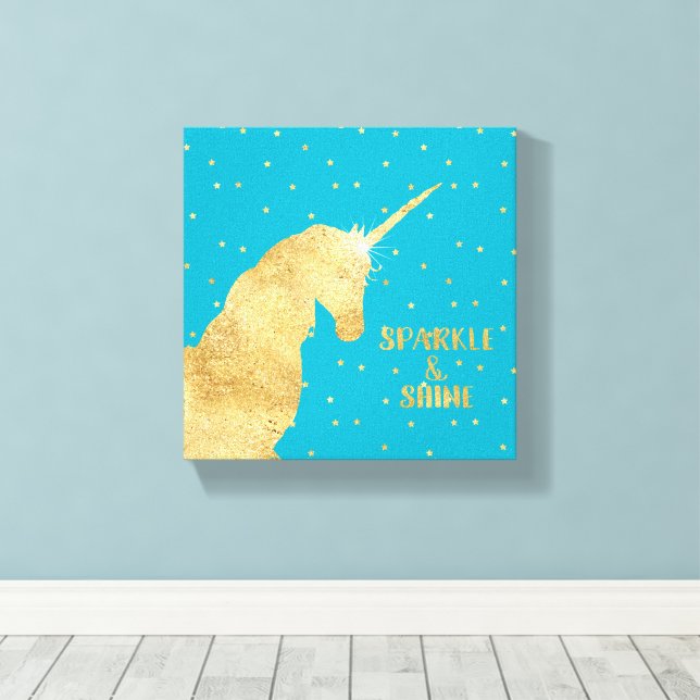 Aqua Blue Gold Unicorn Stars Sparkle and Shine Canvastryck (Insitu (trägolv))