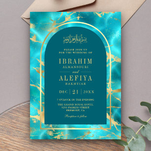 Aqua Blue Gold Water Arch Muslim Bröllop Inbjudningar