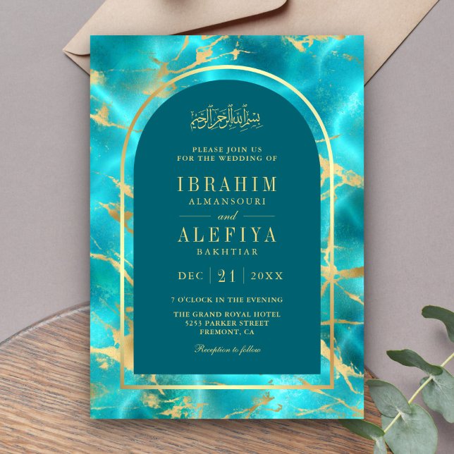 Aqua Blue Gold Water Arch Muslim Bröllop Inbjudningar (Skapare uppladdad)