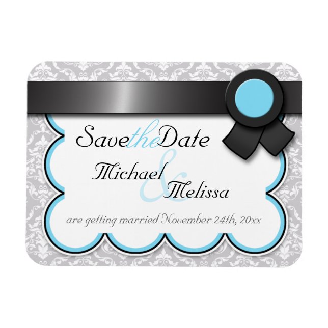 Aqua Blue & Grått Damask Save Date plant Magnet (Horisontell)
