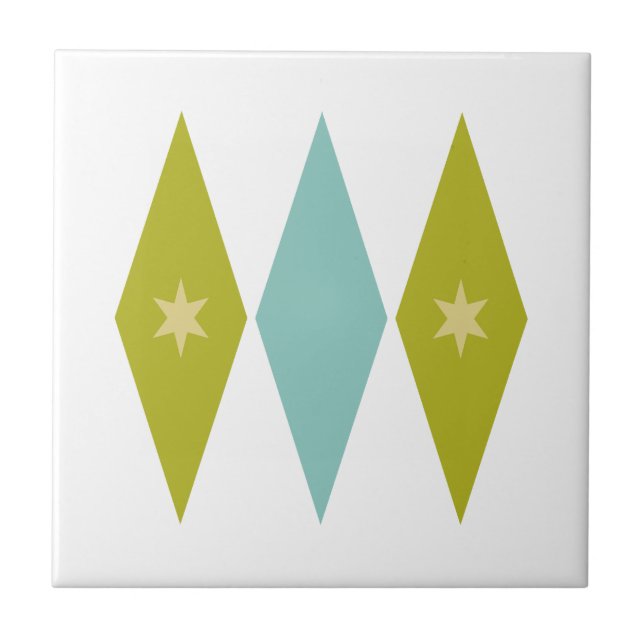 Aqua Blue Green Yellow Diamonds Stars Mid Century Kakelplatta (Framsidan)