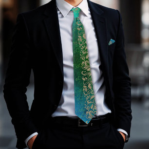 Aqua Blue Grönt Blommönster Neck Tie Slips