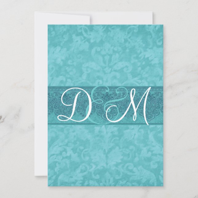 Aqua Blue Grunge Damask Wedding bjudande Inbjudningar (Framsida)