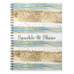Aqua Blue Guld Glitter Confetti Zebra Animal Anteckningsbok