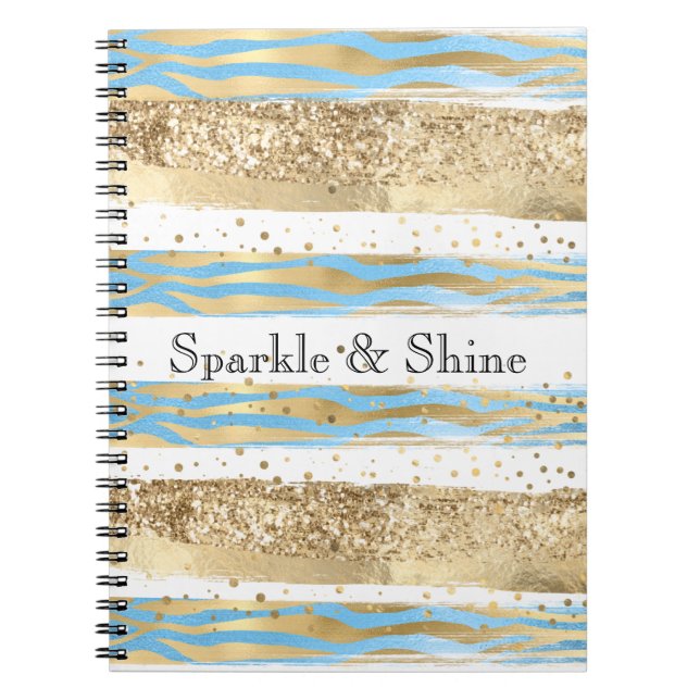 Aqua Blue Guld Glitter Confetti Zebra Animal Anteckningsbok (Framsidan)
