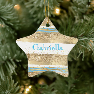 Aqua Blue Guld Glitter Confetti Zebra Animal Julgransprydnad Keramik